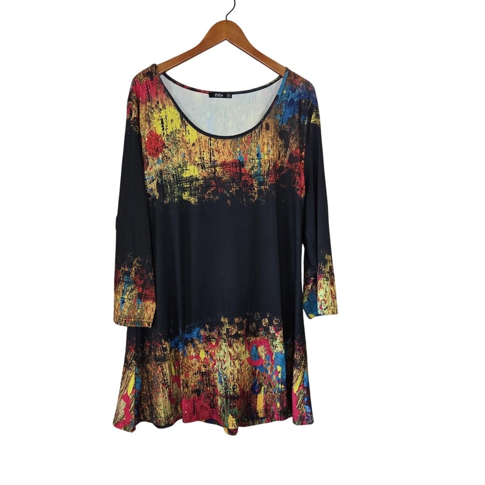 Lily by Firmiana Tunic Top Womens 4XL Black Abstract Paint Splatter 3/4 Sleeve